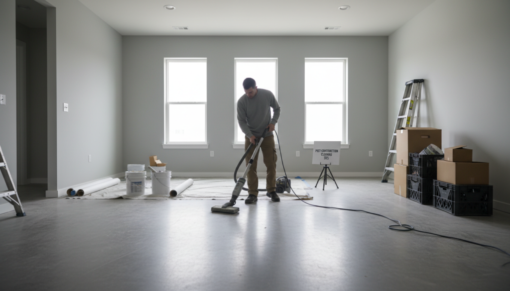 A clean and organized post-construction scene showcasing practical cleaning tips. In the foreground, a professional dressed in modest casual clothing is diligently cleaning a floor with modern cleaning tools, including a vacuum and mop. The middle ground features a tidy space with freshly painted walls, scattered construction materials neatly arranged, and a few large windows letting in natural light. In the background, tools like a ladder and boxes are neatly stacked against a wall, suggesting a recently completed renovation project. The atmosphere feels fresh and efficient, highlighting a sense of accomplishment and readiness. Soft, inviting lighting enhances the cleanliness of the space, creating a warm yet professional mood.