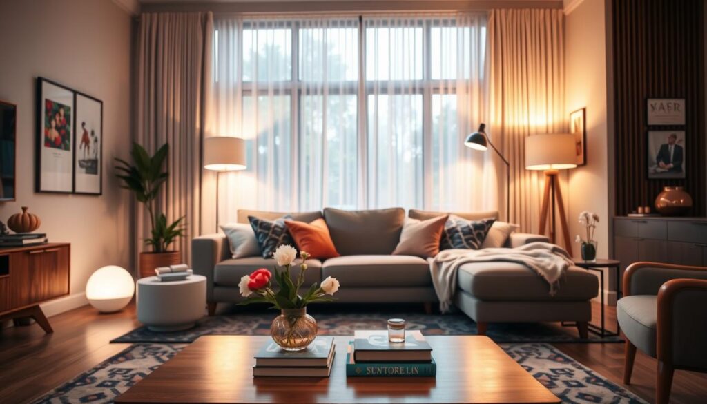 Uma sala de estar aconchegante e moderna que mescla diversos estilos de decoração, com foco na iluminação harmoniosa.