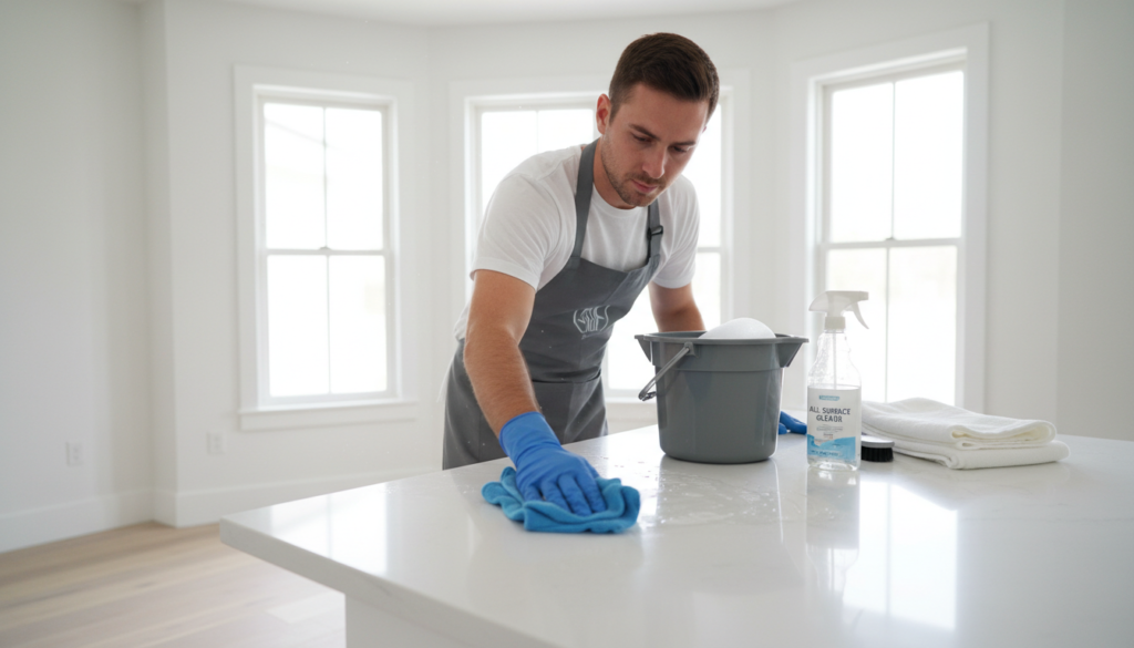 A detailed cleaning scene in a modern, freshly renovated room, featuring a person dressed in professional cleaning attire, carefully wiping down surfaces. In the foreground, the individual holds a microfiber cloth, showing a focused expression while cleaning a shiny kitchen countertop. The middle ground captures various cleaning supplies, including a spray bottle and a bucket filled with water. The background reveals freshly painted walls and sparkling window frames, with soft, natural light streaming in, creating a warm and inviting atmosphere. The angle is slightly above eye level, adding depth to the composition, emphasizing the meticulous attention required for detailed surface cleaning. The mood is organized and practical, showcasing the importance of thoroughness in post-renovation cleaning.