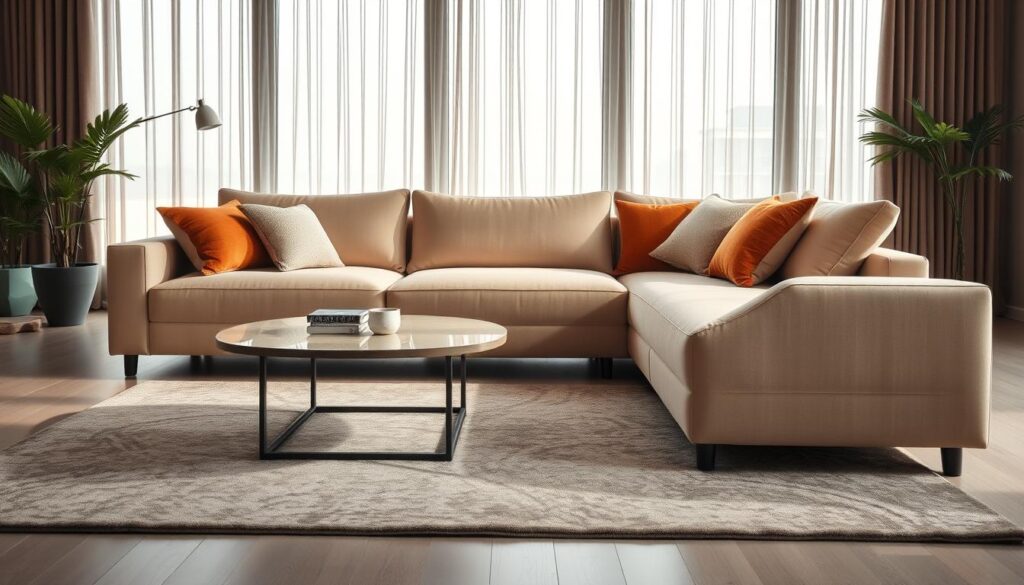 A modern and elegant "sofá canto" with a chaise lounge, arranged in a stylish living room. The sofa is upholstered in soft, neutral-colored fabric, accented with plush, decorative pillows in warm tones. The chaise extends gracefully, inviting relaxation. In the foreground, a coffee table with a minimalist design holds a few decorative items. The middle ground features a large area rug that complements the sofa and adds warmth to the space. In the background, large windows with sheer curtains allow soft, natural light to filter in, creating a cozy and inviting atmosphere. The scene is captured from a low angle to emphasize the sofa's design, showcasing how it fits harmoniously within the room's decor. The overall mood is serene and stylish, perfect for a modern Brazilian home.