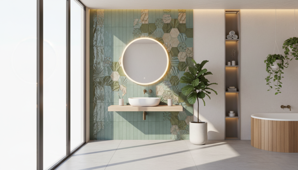 A modern bathroom interior design showcasing the latest trends in tile finishes for 2025. In the foreground, feature elegant wall tiles in various textures like matte, glossy, and textured patterns, combining natural colors such as earthy greens, soft beiges, and calming blues. In the middle ground, include a stylish, contemporary sink with sleek fixtures, adorned with a decorative mirror above. The background should display minimalist elements, including lush plants and soft lighting that creates a warm, inviting atmosphere. Use a high-angle perspective with natural light streaming in from a large window, casting gentle shadows that enhance the textures of the tiles and overall ambiance. The scene should evoke tranquility and modern elegance, appealing to a Brazilian audience looking for inspiration in bathroom design. A modern bathroom interior design showcasing the latest trends in tile finishes for 2025. In the foreground, feature elegant wall tiles in various textures like matte, glossy, and textured patterns, combining natural colors such as earthy greens, soft beiges, and calming blues. In the middle ground, include a stylish, contemporary sink with sleek fixtures, adorned with a decorative mirror above. The background should display minimalist elements, including lush plants and soft lighting that creates a warm, inviting atmosphere. Use a high-angle perspective with natural light streaming in from a large window, casting gentle shadows that enhance the textures of the tiles and overall ambiance. The scene should evoke tranquility and modern elegance, appealing to a Brazilian audience looking for inspiration in bathroom design.