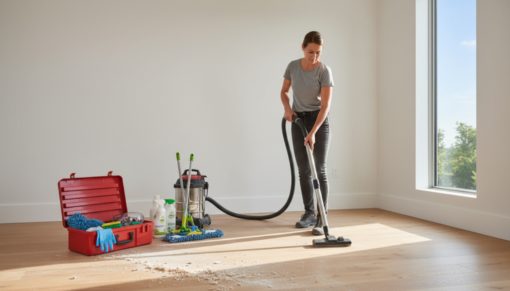 A realistic indoor setting showcasing a well-organized post-construction cleaning process. In the foreground, a professional cleaner, dressed in modest casual clothing, is carefully using a vacuum on a polished wooden floor piled slightly with construction debris like dust and small fragments. The middle ground features a neatly arranged toolbox with colorful cleaning supplies, such as mops, brushes, and protective gloves, emphasizing hygiene and safety. The background consists of freshly painted walls and bright, natural light streaming through a large window, creating an atmosphere of cleanliness and renewal. The scene is framed at an eye-level angle, capturing a warm and inviting vibe, perfect for conveying tips on optimizing hygiene and ensuring safety in post-work cleaning.