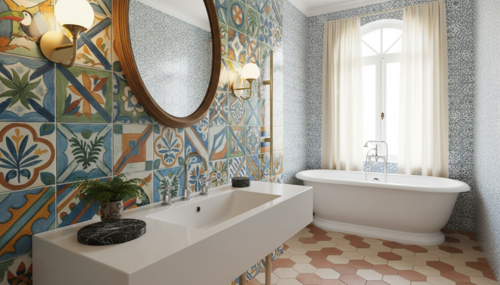 A stylish bathroom interior featuring an array of beautifully arranged ceramic tiles in various vibrant colors and patterns, showcasing the beauty of Brazilian design. The foreground includes a modern sink with sleek fixtures and decorative elements, while the middle ground highlights a wall partially covered with striking azulejos in geometric and floral designs. The background reveals soft lighting from elegant sconces and a chic mirror that enhances the ambiance. The overall mood is inviting and sophisticated, ideal for a home renovation or interior design inspiration. The scene is shot from a slightly elevated angle to capture the full beauty of the tiled wall, emphasizing texture and detail. A stylish bathroom interior featuring an array of beautifully arranged ceramic tiles in various vibrant colors and patterns, showcasing the beauty of Brazilian design. The foreground includes a modern sink with sleek fixtures and decorative elements, while the middle ground highlights a wall partially covered with striking azulejos in geometric and floral designs. The background reveals soft lighting from elegant sconces and a chic mirror that enhances the ambiance. The overall mood is inviting and sophisticated, ideal for a home renovation or interior design inspiration. The scene is shot from a slightly elevated angle to capture the full beauty of the tiled wall, emphasizing texture and detail.