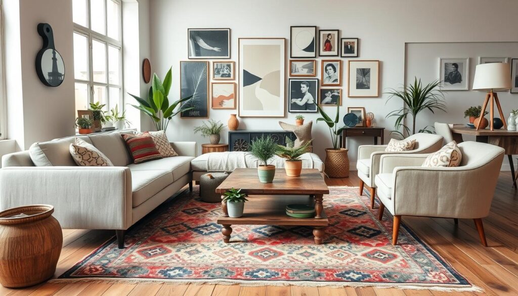 Um espaço interior elegante que exibe uma mistura de estilos decorativos, apresentando um sofá modular moderno combinado com poltronas vintage.