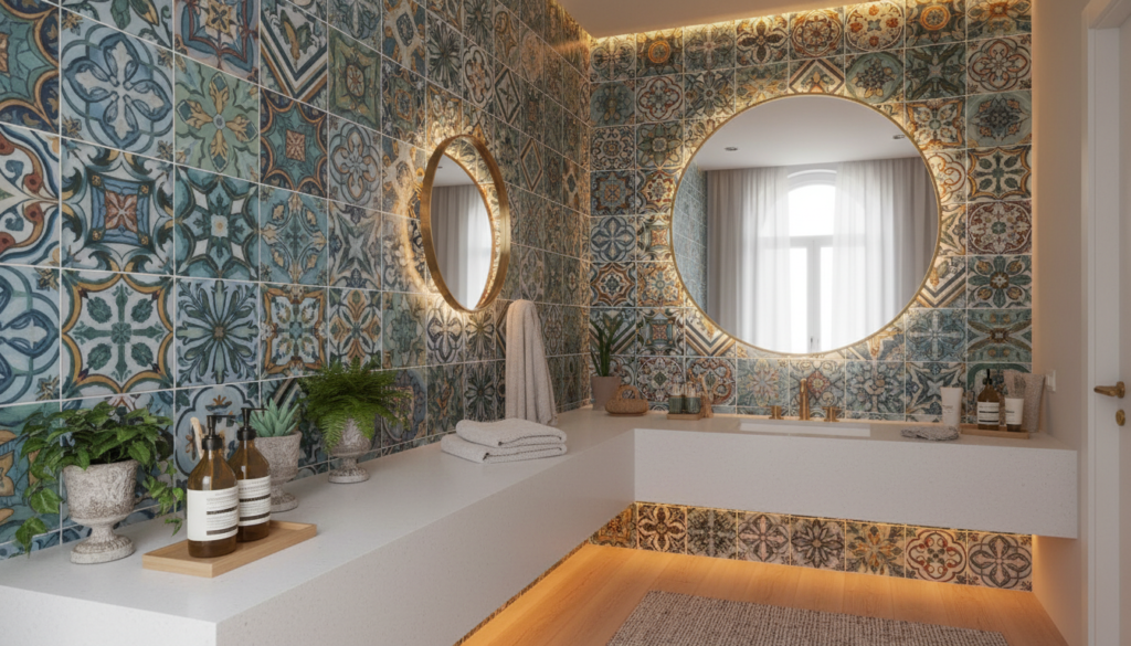 A well-organized and functional bathroom filled with modern and stylish elements. In the foreground, display a sleek countertop with neatly arranged toiletries and plants in decorative pots. The middle layer features a beautiful wall adorned with bright, colorful azulejos, highlighting various patterns that reflect Brazilian culture. To the back, incorporate a large mirror reflecting soft natural light streaming in from a window, enhancing the atmosphere. Use warm, inviting lighting to create a comforting mood, reminiscent of a cozy spa. The angle should be slightly elevated, showcasing the entire space while emphasizing depth and organization. Focus on creating a harmonious, practical environment that inspires effective organization in the bathroom. A well-organized and functional bathroom filled with modern and stylish elements. In the foreground, display a sleek countertop with neatly arranged toiletries and plants in decorative pots. The middle layer features a beautiful wall adorned with bright, colorful azulejos, highlighting various patterns that reflect Brazilian culture. To the back, incorporate a large mirror reflecting soft natural light streaming in from a window, enhancing the atmosphere. Use warm, inviting lighting to create a comforting mood, reminiscent of a cozy spa. The angle should be slightly elevated, showcasing the entire space while emphasizing depth and organization. Focus on creating a harmonious, practical environment that inspires effective organization in the bathroom.
