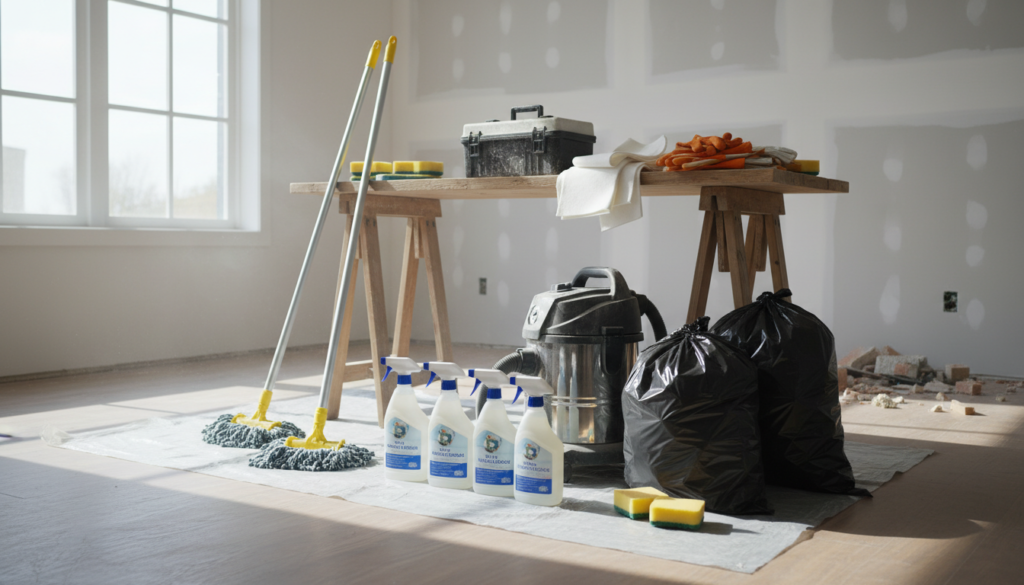A well-organized cleaning material setup for post-construction tasks in a bright, airy room. In the foreground, various cleaning supplies are neatly arranged: large bottles of multi-surface cleaner, mops with bright handles, sponges, and heavy-duty trash bags. A sturdy vacuum cleaner is also present. In the middle ground, a wooden table holds a dusty toolbox alongside a stack of felt cloths and protective gloves. The background features partially painted walls and scattered construction debris, hinting at recent activity. Natural light streams in through a large window, casting soft shadows, set the mood for a fresh and productive cleaning environment. The atmosphere feels practical, inviting, and efficient for the task at hand, emphasizing the organized approach to cleaning after a renovation.