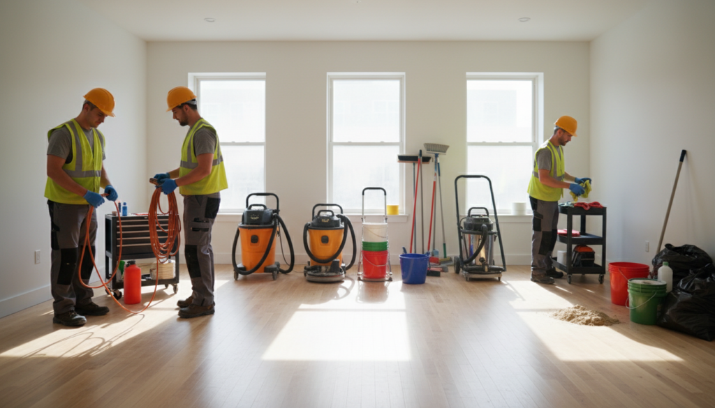 A well-organized construction site after renovation, capturing the essence of a post-construction cleaning process. In the foreground, a team of 2-3 professionals, dressed in practical work attire, actively sorting tools and cleaning supplies. The middle section showcases various cleaning equipment such as mops, brooms, and industrial vacuums arranged neatly, highlighting an organized approach. The background reveals a newly renovated room with pristine walls and polished floors, sunlight streaming through large windows, enhancing the fresh atmosphere. A few scattered construction materials like paint cans and debris are present but arranged alongside cleaning materials to convey a sense of order amidst the chaos. The mood is focused and productive, reflecting a collaborative effort in creating a clean and organized environment.