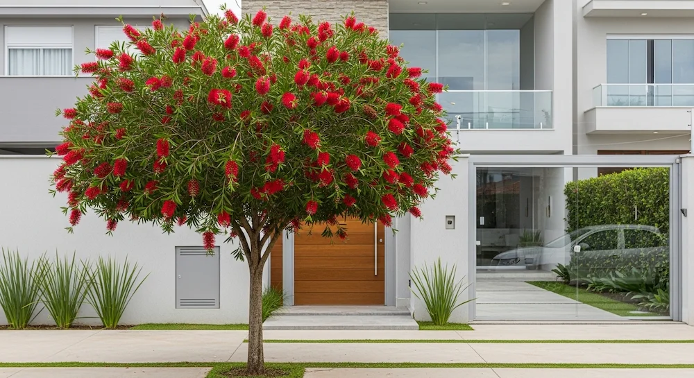 Árvore escova-de-garrafa florida na calçada de casa brasileira moderna, valorizando a fachada com flores vermelhas vibrantes e paisagismo urbano.