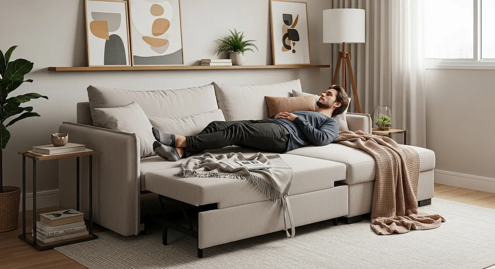 Sala contemporânea brasileira com sofá com chaise, criando um ambiente confortável, funcional e acolhedor para relaxar no dia a dia.