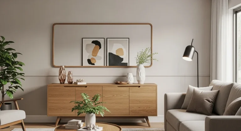 Espelho posicionado na altura correta dos olhos em uma sala brasileira, refletindo luz natural e elementos decorativos para criar harmonia, equilíbrio visual e sensação de amplitude.