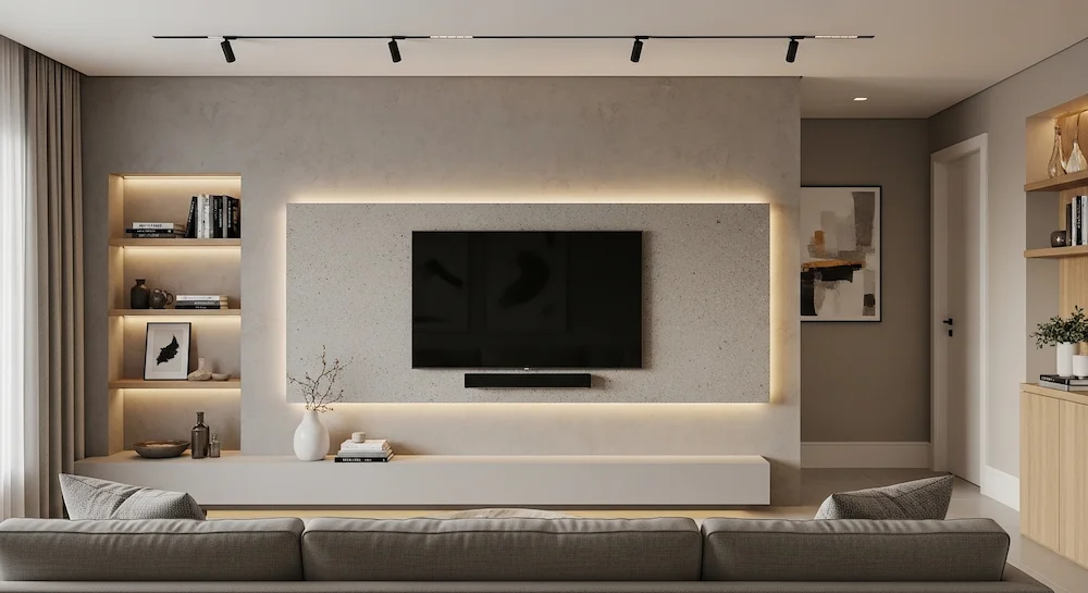Sala contemporânea com parede texturizada em cimento queimado e acabamento mineral, TV com suporte discreto e iluminação que valoriza relevo e estilo minimalista.