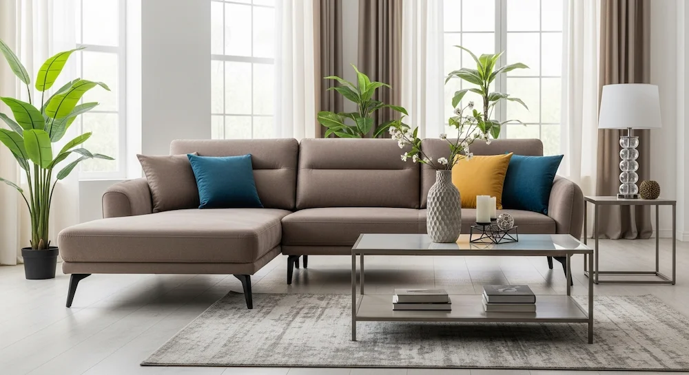 Uma sala de estar lindamente decorada, com um sofá elegante com chaise, em um cenário moderno.