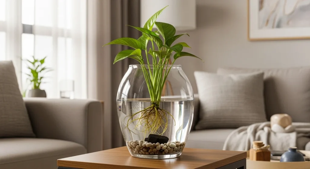 Sala de estar contemporânea com planta cultivada em vaso de vidro de boca larga, raízes submersas no nível correto de água, pedrinhas e carvão no fundo, integrando saúde da planta e estética decorativa.