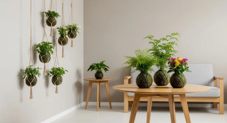 Sala contemporânea com parede decorada por até cinco kokedamas suspensas em diferentes alturas e trio de kokedamas sobre mesa de madeira, criando galeria viva com plantas variadas.