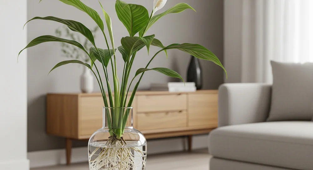 Lírio-da-paz cultivado em água com raízes visíveis em vaso de vidro decorando sala contemporânea.