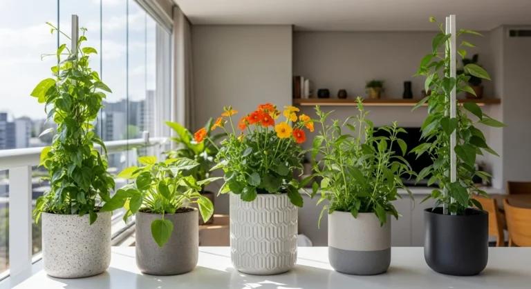 cinco PANCs em vasos decorativos na varanda de casa brasileira moderna, unindo plantas comestíveis e decoração sustentável.