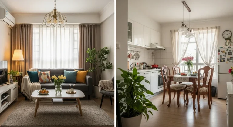 Um interior de apartamento pequeno, aconchegante e elegante, que apresenta exemplos inspiradores de estilos de decoração comuns em espaços compactos.