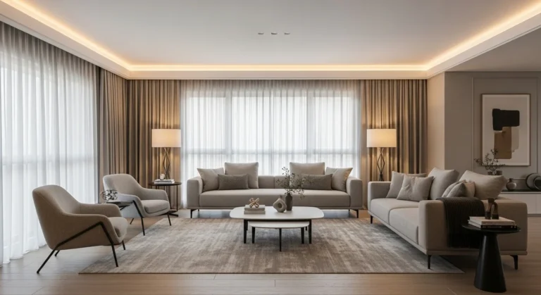Sala de estar moderna com layout flutuante, sofá central fora das paredes, circulação livre e decoração integrada, representando a tendência de salas de estar.