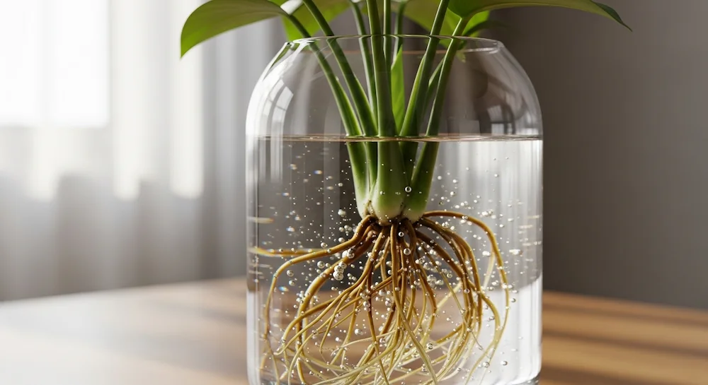 Planta cultivada em vaso de vidro com raízes visíveis em água limpa e transparente, iluminada por luz natural, destacando a importância da troca regular na hidrocultura.