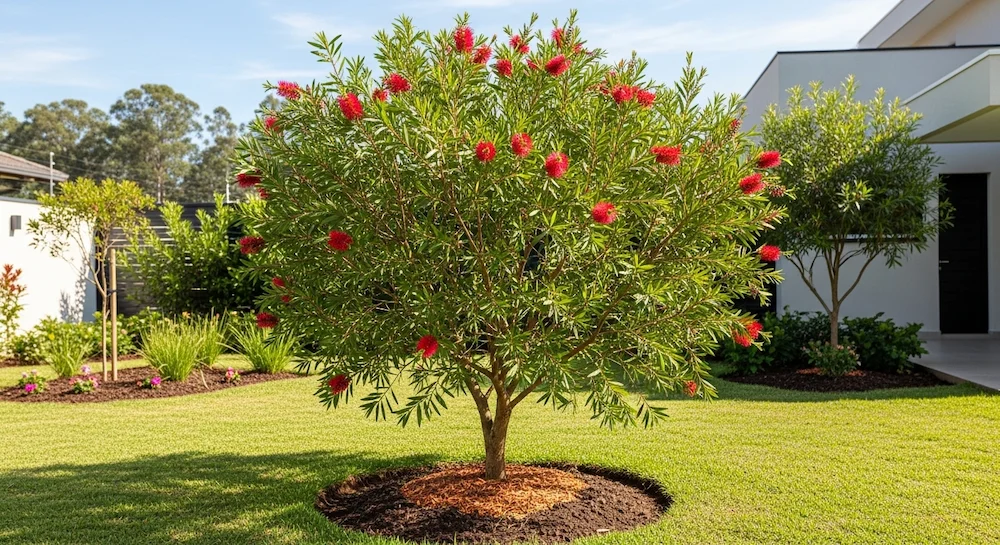 Árvore escova-de-garrafa plantada em quintal brasileiro ensolarado, com flores vermelhas vibrantes e solo bem drenado rico em matéria orgânica.
