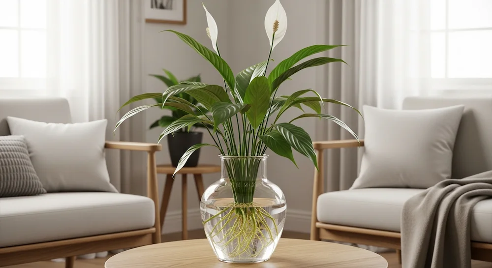 Lírio-da-paz cultivado apenas em água em vaso de vidro transparente decorando sala residencial contemporânea.