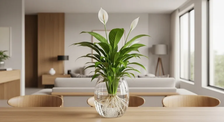 Adeus À terra e sujeira. Lírio-da-paz cultivado em água em vaso de vidro decorando sala contemporânea.
