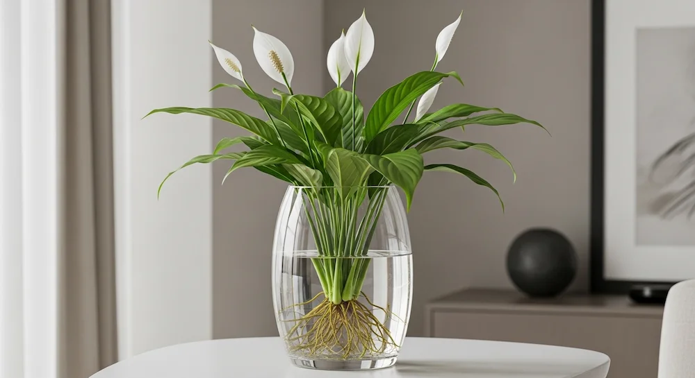 Lírio-da-paz cultivado apenas na água em vaso de vidro transparente decorando sala contemporânea com elegância.