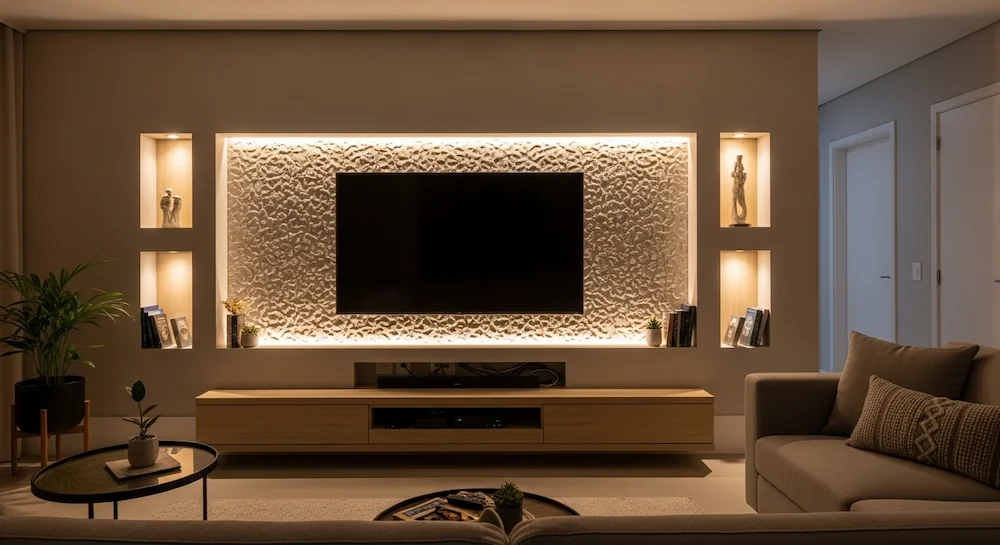Iluminação indireta em LED atrás da TV e em nichos destaca a parede texturizada e melhora o conforto visual em sala moderna de apartamento brasileiro.