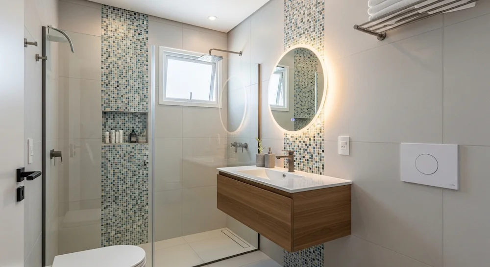 Banheiro brasileiro moderno com parede de mosaicos e pastilhas decorativas no nicho do box, combinadas com porcelanato claro, criando ponto focal elegante e criativo.