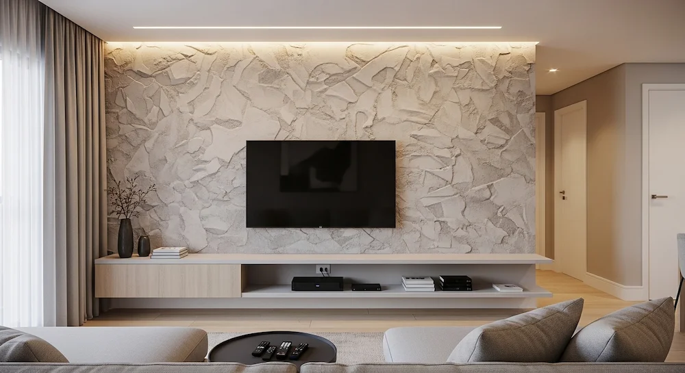 Sala contemporânea de apartamento brasileiro com móvel baixo leve ou suspenso para eletrônicos, sem rack pesado, valorizando a parede texturizada e a circulação.