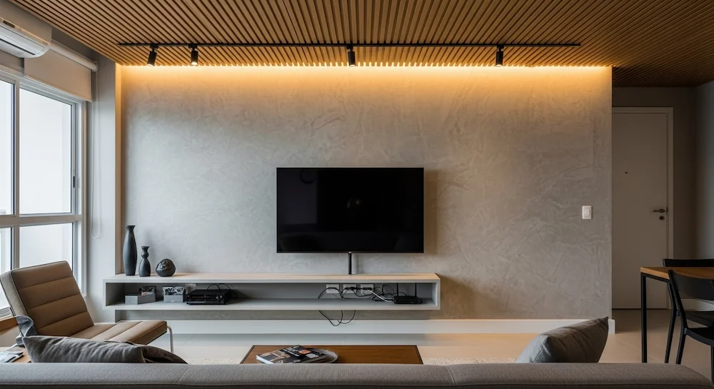 Sala contemporânea de apartamento brasileiro com parede texturizada substituindo o painel de TV, televisão fixada com suporte discreto e iluminação que valoriza a textura.