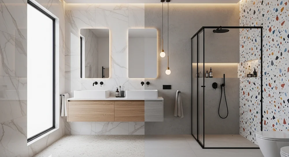 Banheiro brasileiro moderno com revestimentos efeito mármore, cimento queimado e azulejo estilo terrazzo confete, combinando elegância sofisticada e visual contemporâneo.