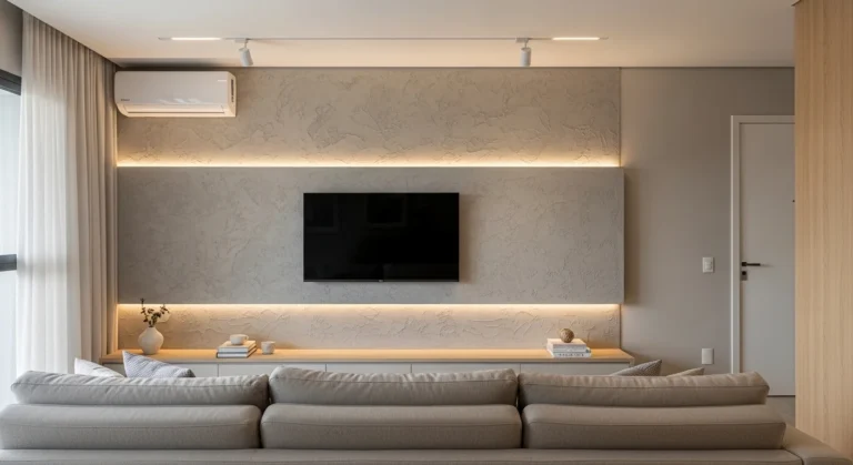 Sala moderna de apartamento brasileiro, parede texturizada substituindo painel de TV, iluminação indireta e visual minimalista contemporâneo.