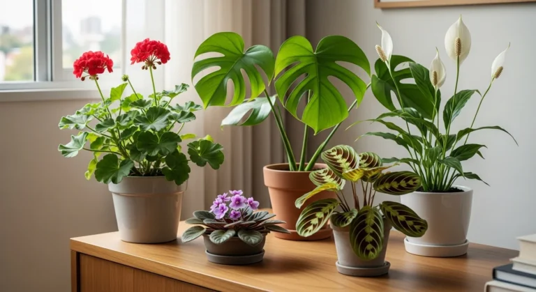 Conjunto de plantas versáteis e de baixa manutenção em vasos simples, incluindo gerânio florido, violeta africana, lírio-da-paz, costela-de-adão e maranta, organizadas em sala iluminada por luz natural.