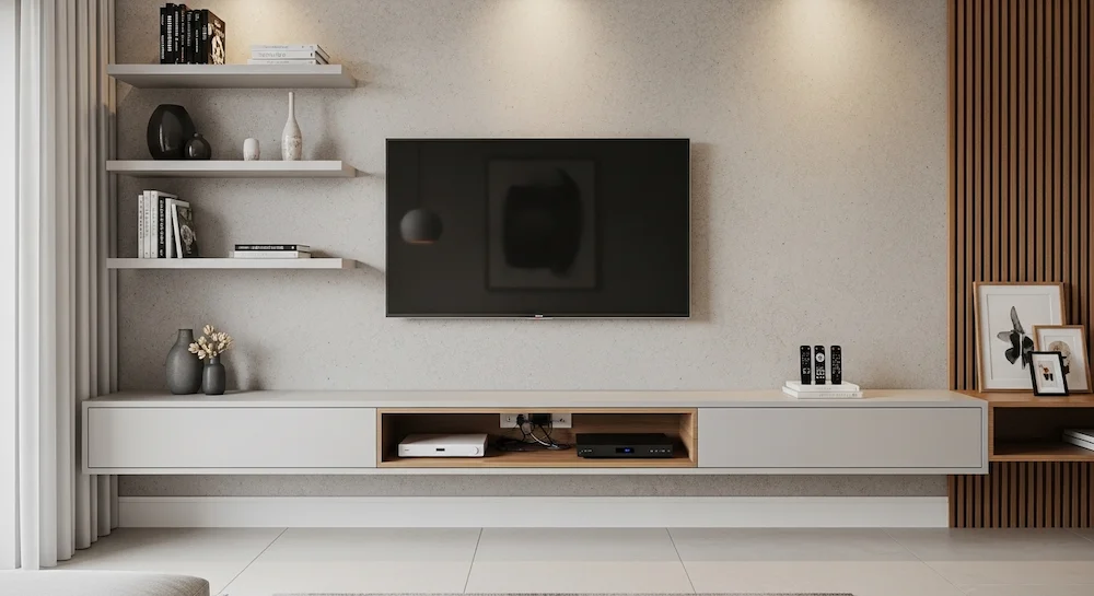 Sala de apartamento brasileiro contemporâneo com TV em parede texturizada, prateleiras flutuantes e nichos como alternativa ao rack, design minimalista e visual limpo.