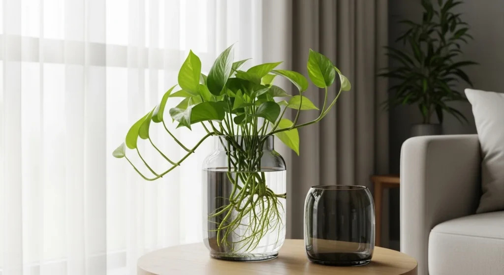 Planta jiboia cultivada em vaso de vidro com água limpa, posicionada próxima a janela com cortina translúcida, recebendo luz indireta em sala contemporânea iluminada.