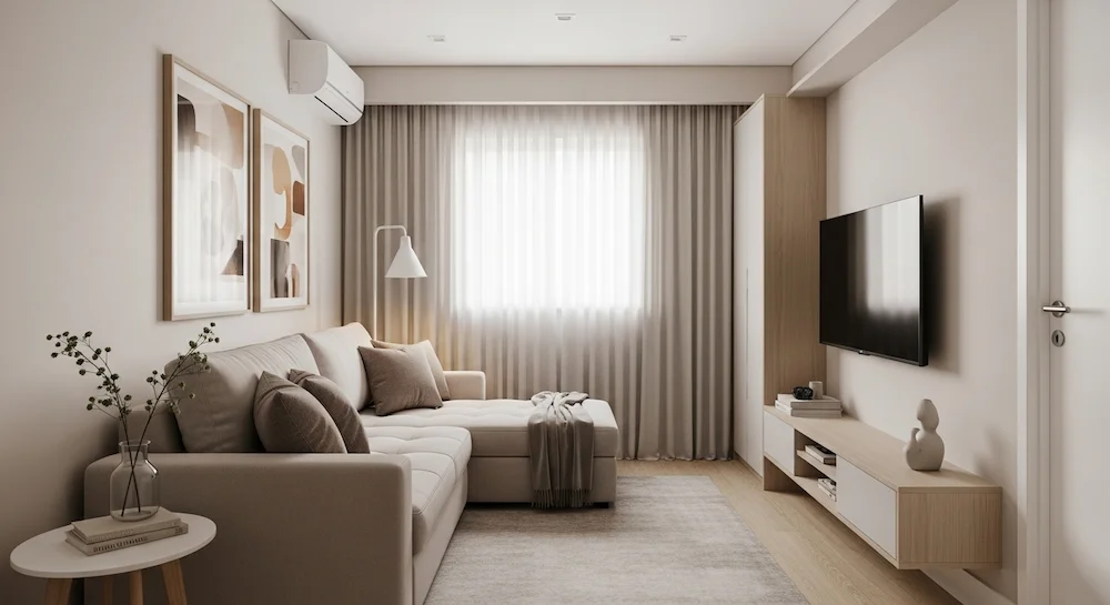 Sala pequena com sofá chaise de 2 lugares posicionado de frente para a TV, layout funcional e aconchegante para apartamento compacto.