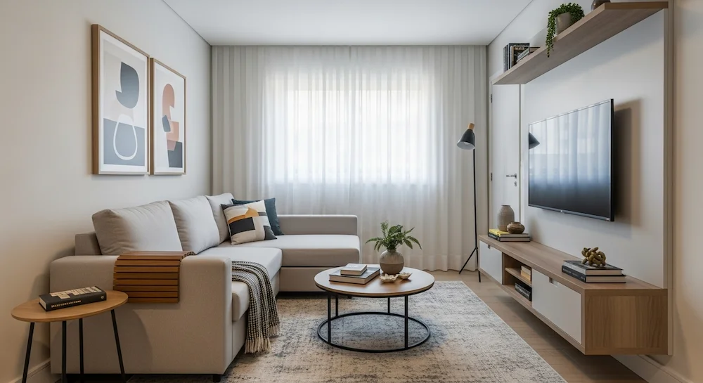 Sala pequena de apartamento brasileiro com sofá em L no canto, chaise voltada para a TV, circulação livre e decoração moderna e acolhedora com madeira, tapete e texturas.