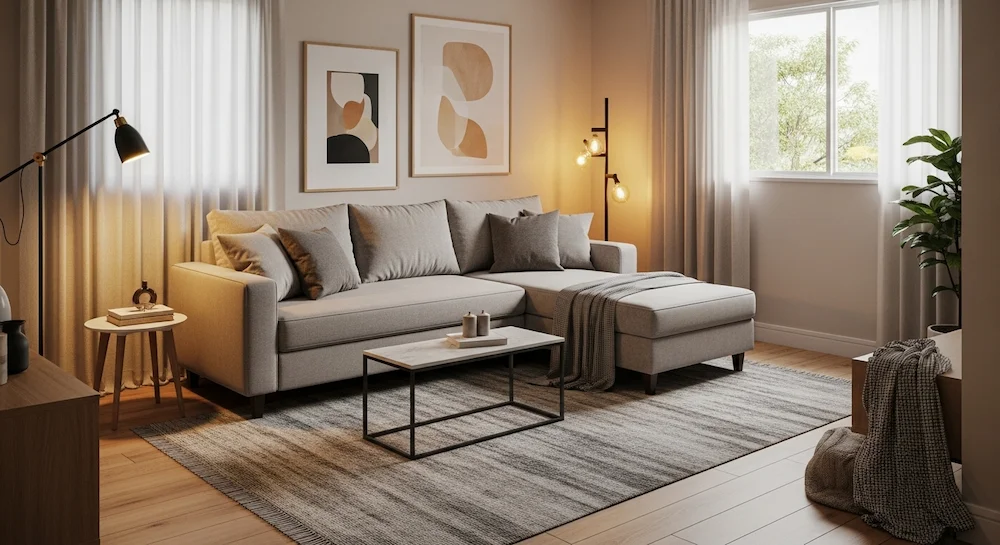 Sala brasileira com sofá com chaise em layout flutuante, oferecendo conforto para esticar as pernas com footprint compacto e circulação livre ao redor.