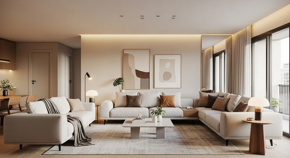 Sala de estar com sofá flutuante central, rotas de circulação amplas ao redor dos móveis, tapete e mesa de centro ancorando o layout, iluminação quente criando aconchego e melhor fluxo em ambiente integrado.