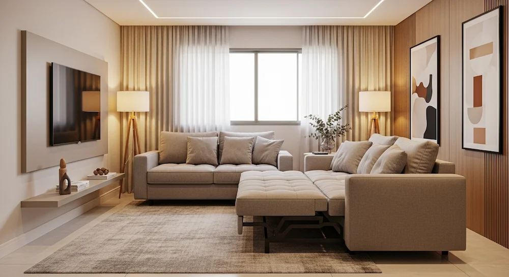 Sala brasileira realista com sofá retrátil em layout flutuante, painel de TV instalado em parede sólida, janelas livres para iluminação natural, decoração coerente e circulação confortável.