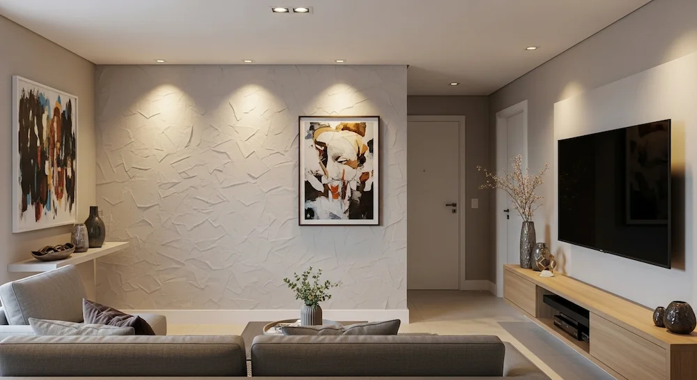 Spots direcionais com luz lateral valorizando textura e arte na parede da sala, sem ofuscar a TV, em apartamento brasileiro contemporâneo.