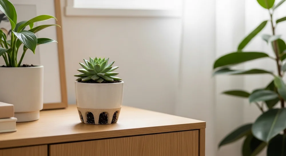 Suculenta cultivada em vaso pequeno com drenagem adequada, posicionada em sala contemporânea brasileira com luz indireta ideal para o desenvolvimento saudável.