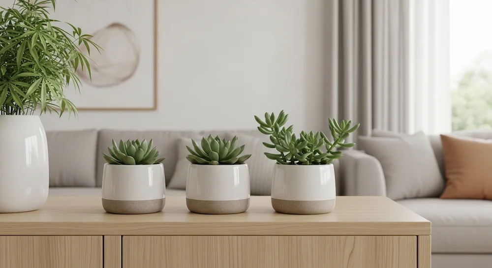 Sala contemporânea decorada com três vasinhos de suculentas sobre aparador, integrados à decoração e iluminados por luz natural indireta.