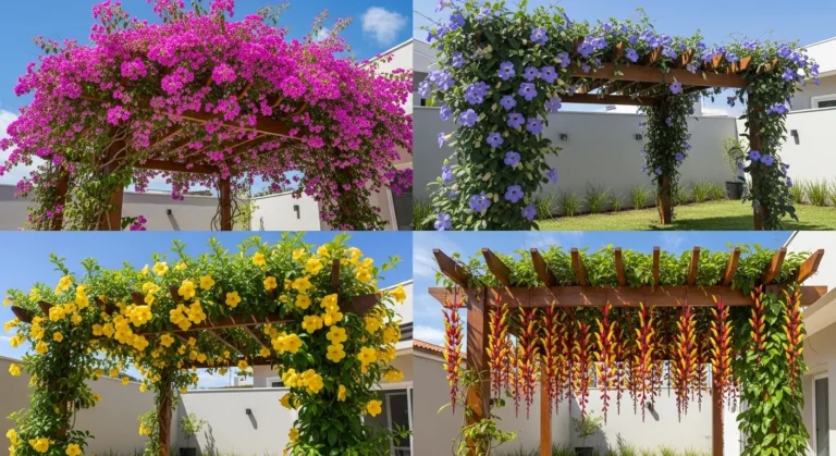 Imagem dividida em quatro mostrando pergolados com Primavera, Tumbérgia Azul, Alamanda Amarela e Sapatinho-de-judia em jardins brasileiros ensolarados.
