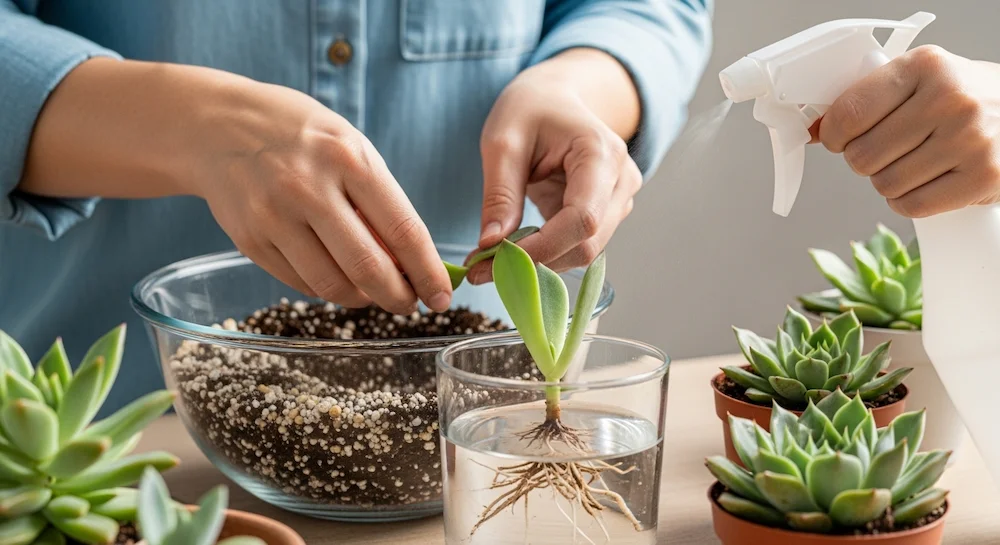 Cultivo inovador de suculentas com substrato drenável, perlita e técnica de enraizamento em água, controlando a irrigação com borrifador.