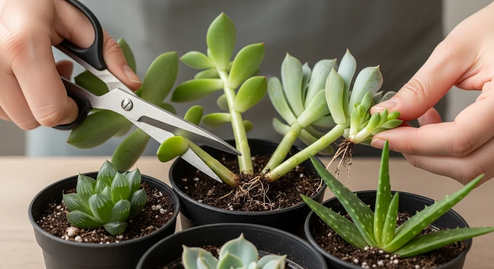 Multiplicação de suculentas por estacas e divisão de mudas, com crassula, echeveria, haworthia e aloe vera prontas para replantio em ambiente doméstico.