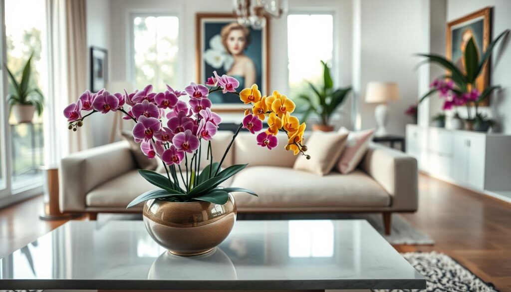 Um espaço interior lindamente decorado com uma variedade de orquídeas vibrantes que transformam o ambiente. 