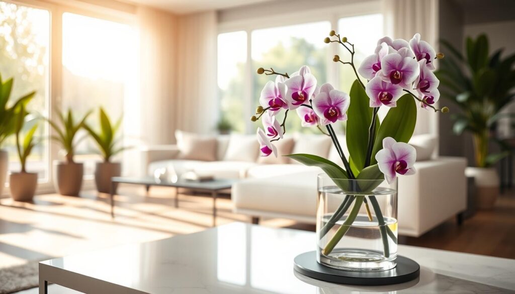 Um interior com um estilo bonito, com elegantes orquídeas brancas e roxas como ponto focal.