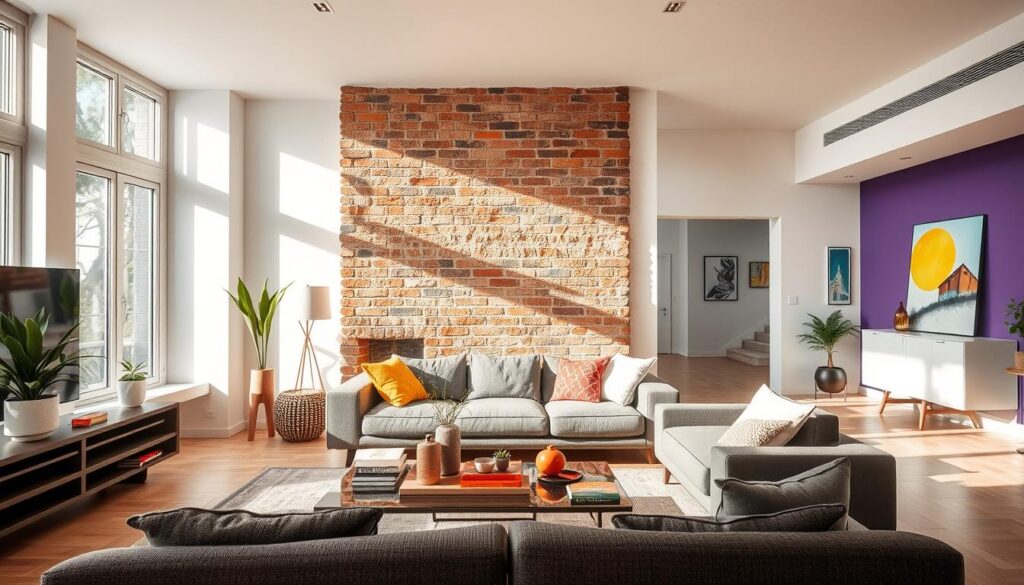 A bright and inviting interior space showcasing the differences between renovation and redecorating. In the foreground, a stylish living room is presented with modern furnishings and decorative elements, including a sleek coffee table adorned with colorful decor items. In the middle, a contrast is made with a partially renovated area featuring raw materials, such as exposed brick and construction tools, illustrating the renovation process. The background displays a beautifully redecorated section with vibrant wall colors and new artwork, capturing the essence of redecoration. Soft, natural lighting filters through large windows, enhancing the welcoming atmosphere. The scene is well-composed, highlighting the various concepts effectively, while maintaining a cohesive and professional aesthetic suitable for a Brazilian audience. A bright and inviting interior space showcasing the differences between renovation and redecorating. In the foreground, a stylish living room is presented with modern furnishings and decorative elements, including a sleek coffee table adorned with colorful decor items. In the middle, a contrast is made with a partially renovated area featuring raw materials, such as exposed brick and construction tools, illustrating the renovation process. The background displays a beautifully redecorated section with vibrant wall colors and new artwork, capturing the essence of redecoration. Soft, natural lighting filters through large windows, enhancing the welcoming atmosphere. The scene is well-composed, highlighting the various concepts effectively, while maintaining a cohesive and professional aesthetic suitable for a Brazilian audience.